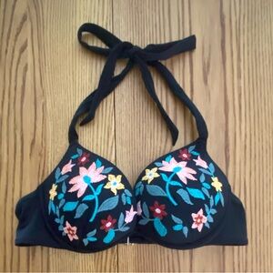 Floral Embroidered Black Bikini Top